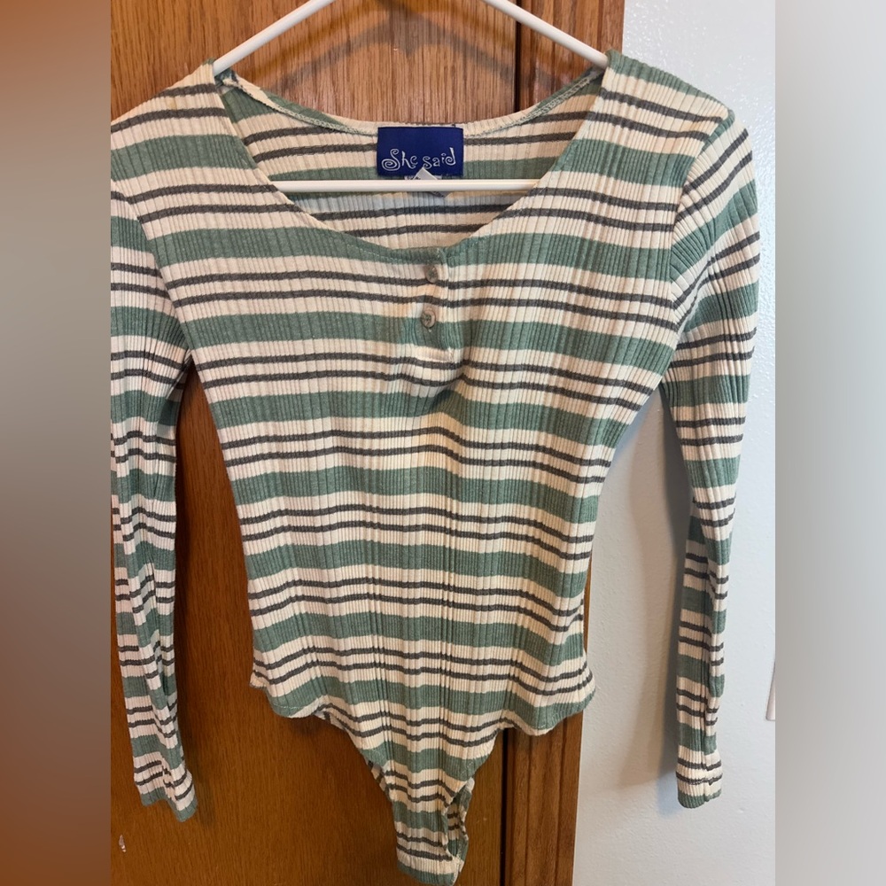 She Said SMALL green/cream striped long sleeve bodysuit